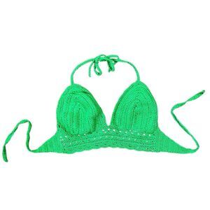 Women’s Green Tied Backless Halter Open Knit Crop Top